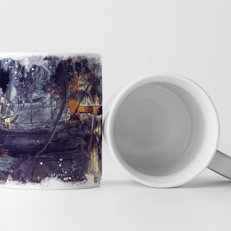 Tasse Geschenk dunkel-schieferblaue Abstraktion; orangene, blaugraue Elemente