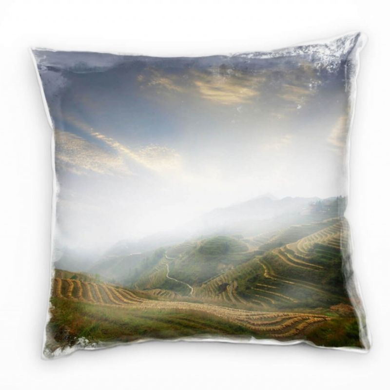 Landschaft, blau, grün, braun, Berge, China, Landwirtschaft Deko Kissen 40x40cm für Couch Sofa Loung