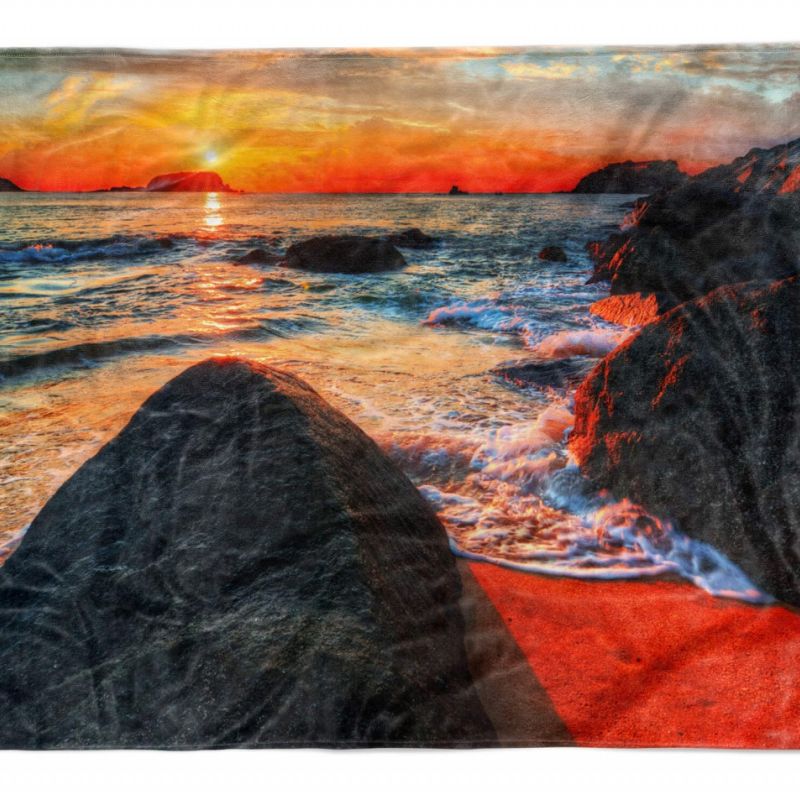 Handtuch Strandhandtuch Saunatuch Kuscheldecke  mit Fotomotiv Felsen Meer Sonnen