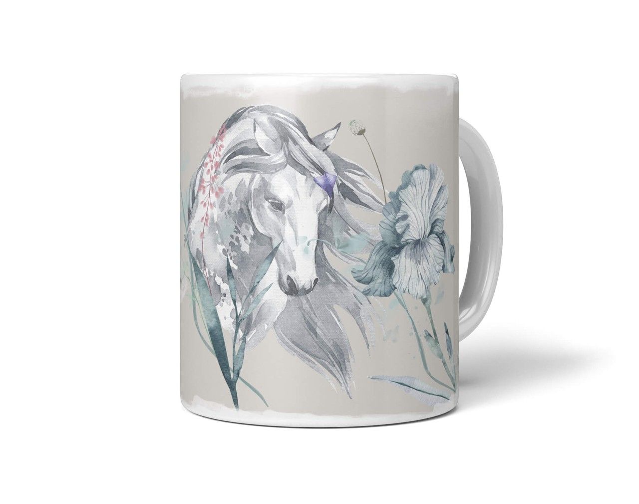 Tasse Porzellan Tier Motiv Pferd Blumen Blüten Pastelltöne Aquarell