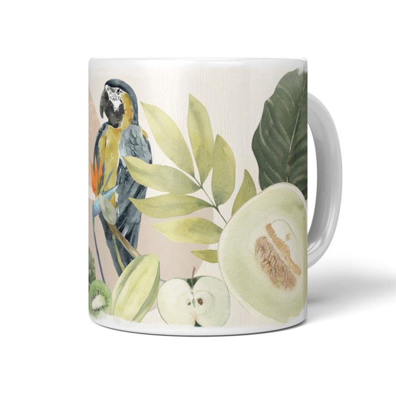 Dekorative Tasse mit schönem Vogel Motiv Papagei exotische Früchte Paradies Vintage Pastelltöne