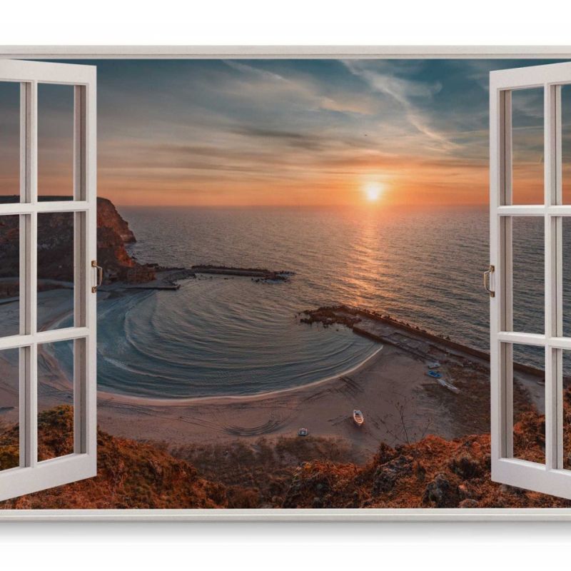 Wandbild 120x80cm Fensterbild Sonnenuntergang Horizont Meer Küste Strand