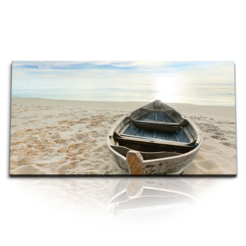 Kunstdruck Bilder 120x60cm Fischerboot Strand Holzboot Meer Sonnenuntergang