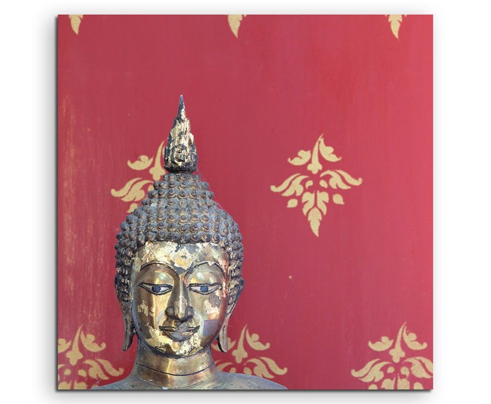 Künstlerische Fotografie – Buddha Kopf mit rotem Hintergrund  auf Leinwand