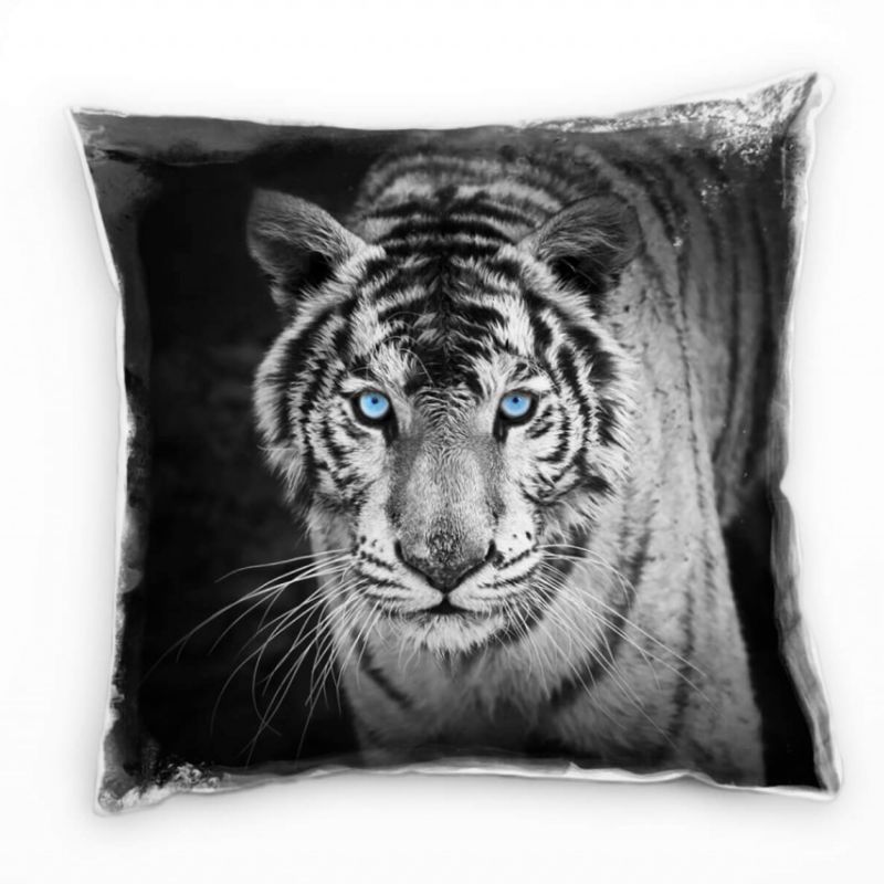 Tiere, schwarz, weiß, Tiger mit blauen Augen, Nah Deko Kissen 40x40cm für Couch Sofa Lounge Zierkiss