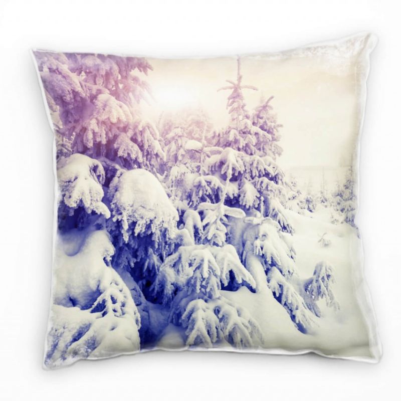 Winter, gelb, weiß, schneebedeckte Nadelbäume Deko Kissen 40x40cm für Couch Sofa Lounge Zierkissen