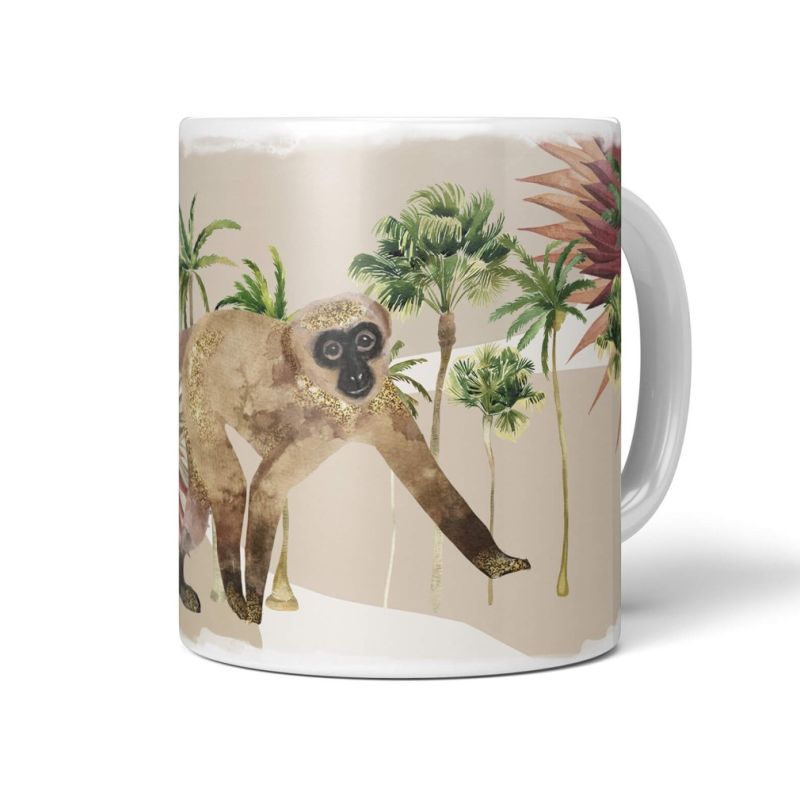 Tasse Porzellan Tier Motiv kleiner Affe Palmen Urwald Dschungel Kunstvoll