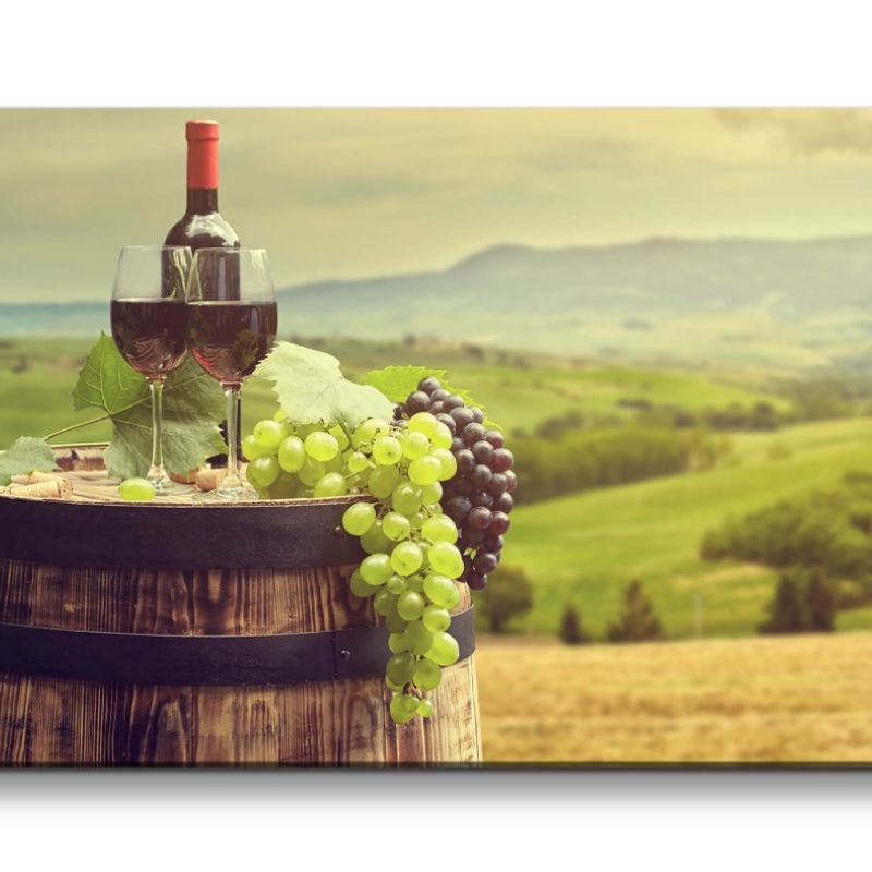 Leinwandbild 120x60cm Wein Weinberge Weinfass Weintrauben Weinflasche Idyllisch