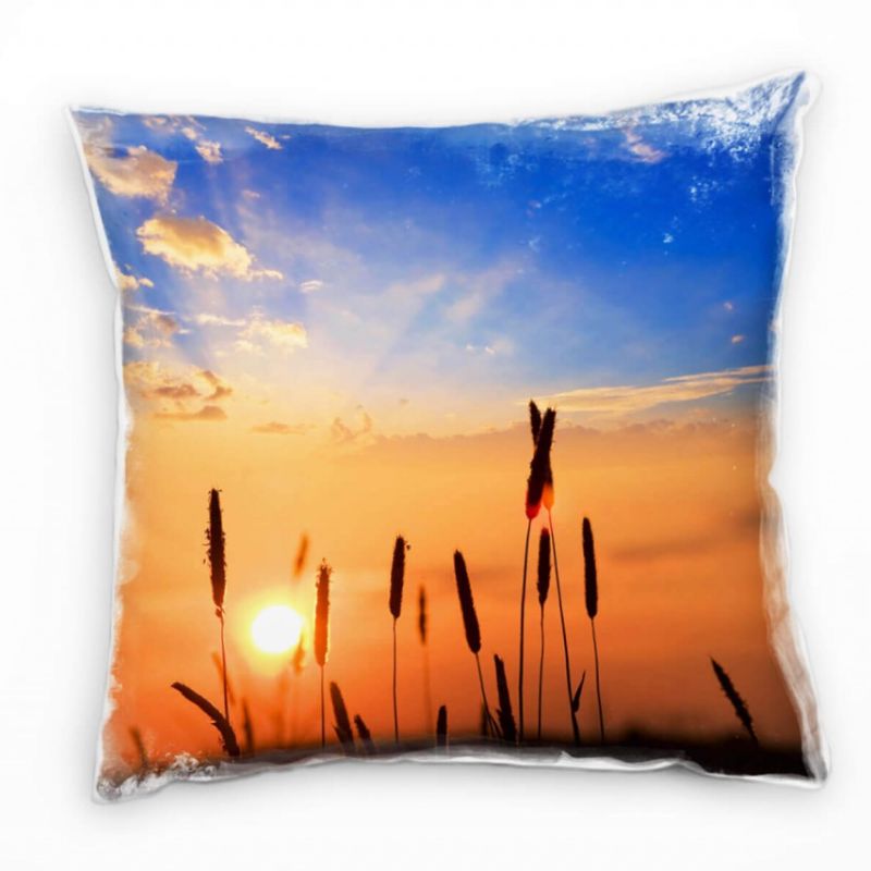 Natur, orange, blau, Sonnenuntergang, Gräser Deko Kissen 40x40cm für Couch Sofa Lounge Zierkissen