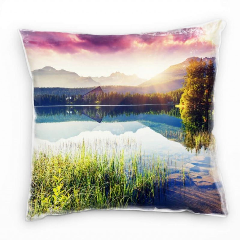 Seen, grün, blau, rosa, Sonnenaufgang, Berge Deko Kissen 40x40cm für Couch Sofa Lounge Zierkissen