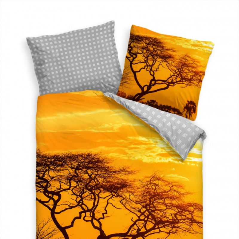 Afrika Baum Orange Gold Savanne Bettwäsche Set 135×200 cm + 80x80cm  Atmungsaktiv