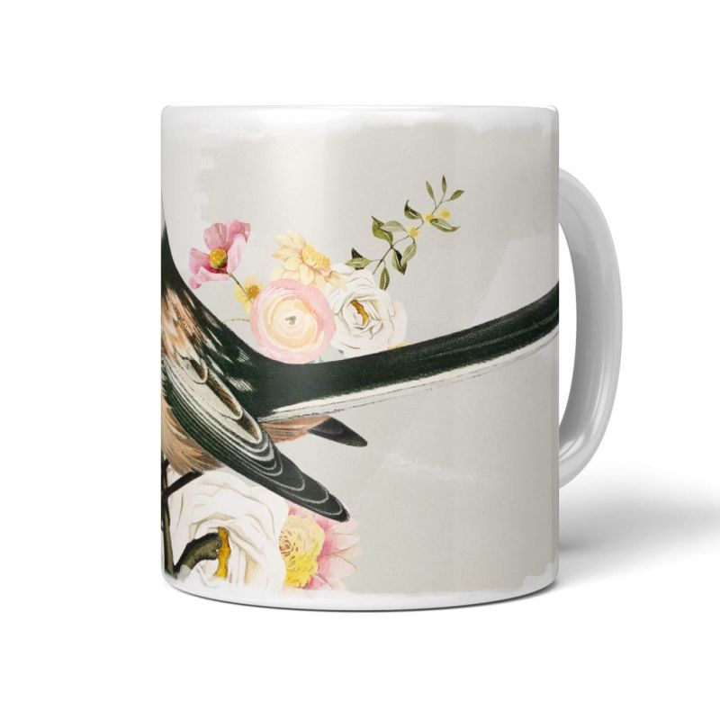 Dekorative Tasse mit schönem Vogel Motiv Blumen Blüten Pastelltöne Wasserfarben Kunstvoll