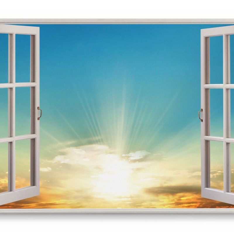 Wandbild 120x80cm Fensterbild Blauer Himmel Sonnenuntergang Sonnenstrahlen