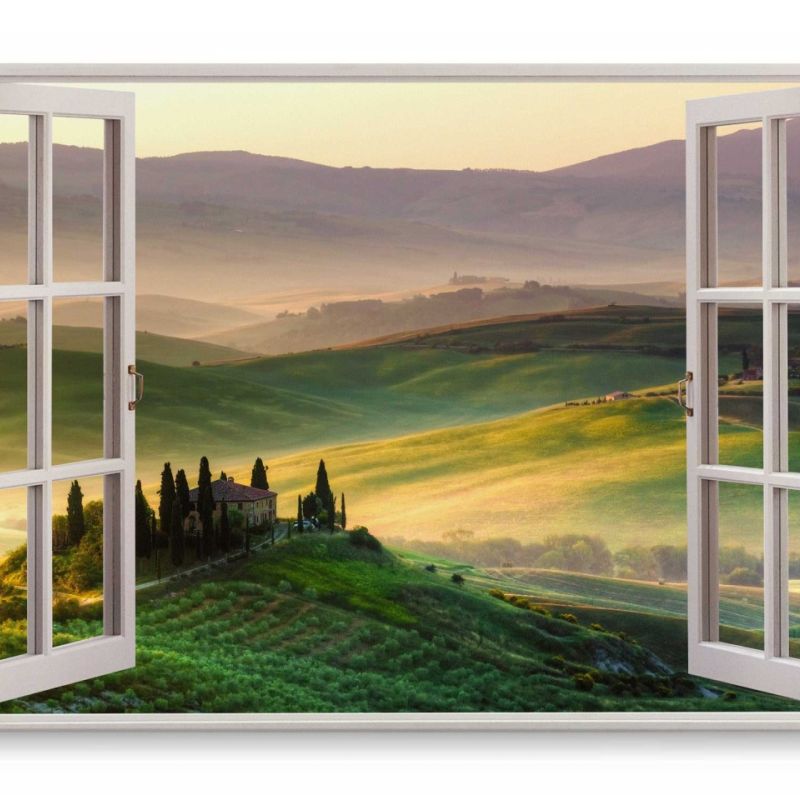 Wandbild 120x80cm Fensterbild Italien Toskana Landschaft Natur Grün Landhaus