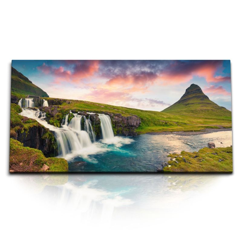 Kunstdruck Bilder 120x60cm Island Wasserfälle Grün Natur Fluss Sonnenuntergang