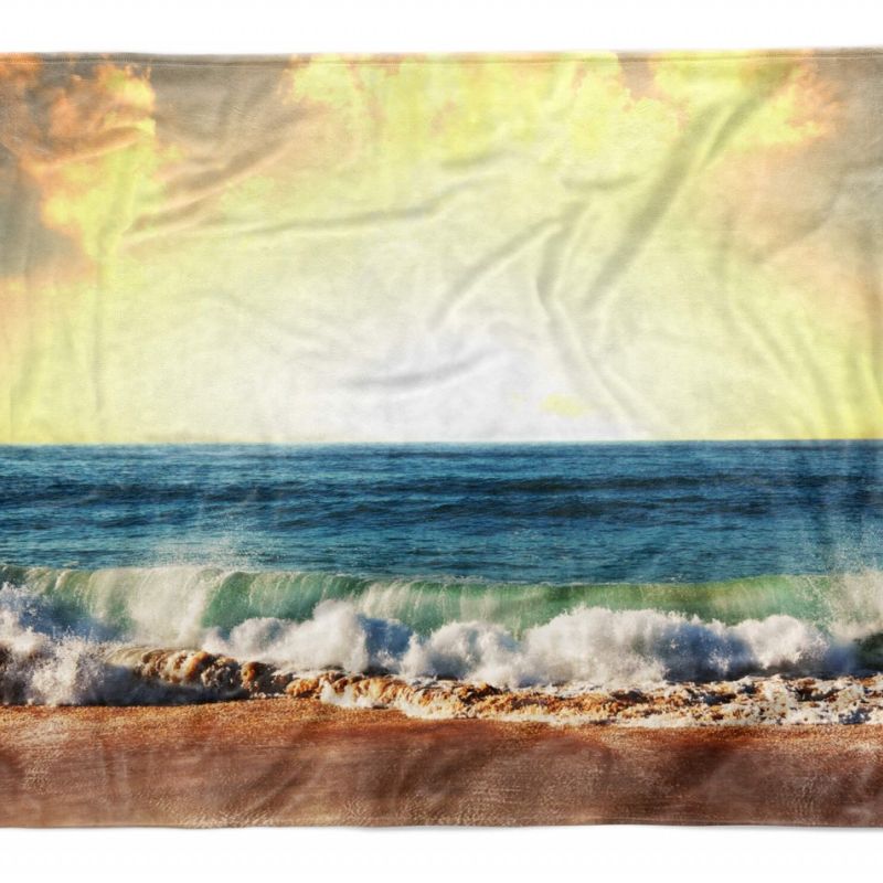 Handtuch Strandhandtuch Saunatuch Kuscheldecke  mit Fotomotiv Wellen Meer Horizo