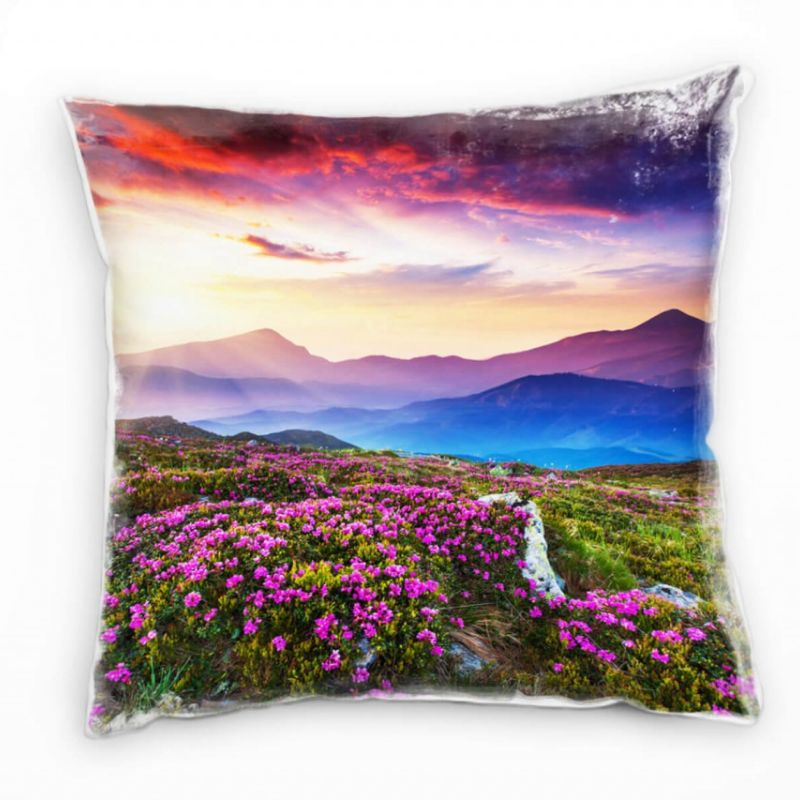 Landschaft, bunt, Blumen, Sonnenaufgang, Berge Deko Kissen 40x40cm für Couch Sofa Lounge Zierkissen