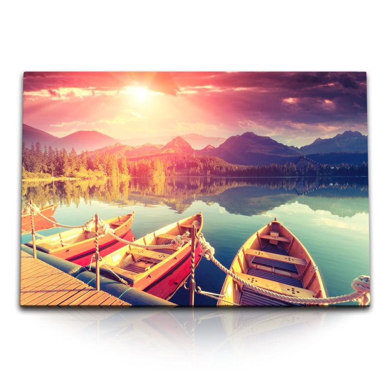 120x80cm Wandbild auf Leinwand Alpensee Österreich See Berge Natur Boote