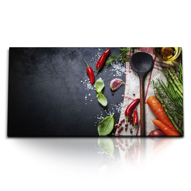 Kunstdruck Bilder 120x60cm Küche Gewürze Holzlöffel Kochen Salz