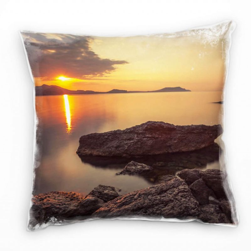 Seen, Felsen, Sonnenaufgang, orange, braun Deko Kissen 40x40cm für Couch Sofa Lounge Zierkissen