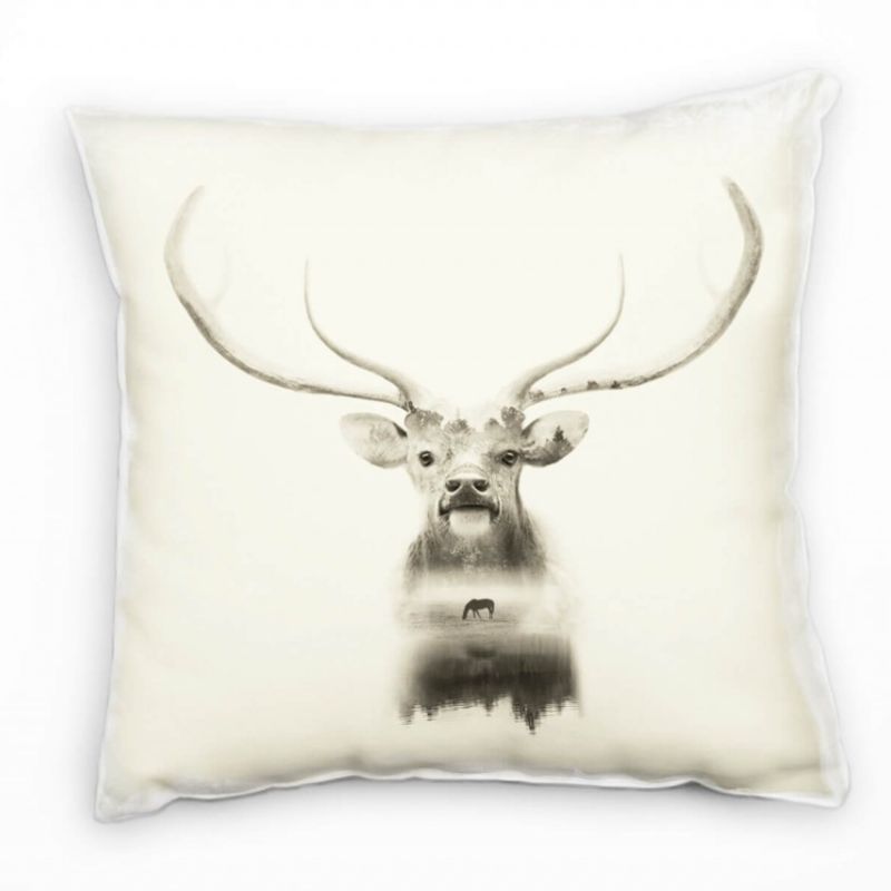 Tiere, Abstrakt, Wald, Hirsch, creme, grau Deko Kissen 40x40cm für Couch Sofa Lounge Zierkissen