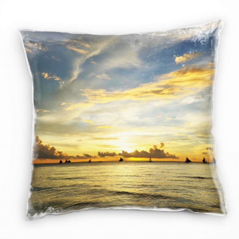 Meer, blau, orange, Segelschiffe vor Sonnenuntergang Deko Kissen 40x40cm für Couch Sofa Lounge Zierk