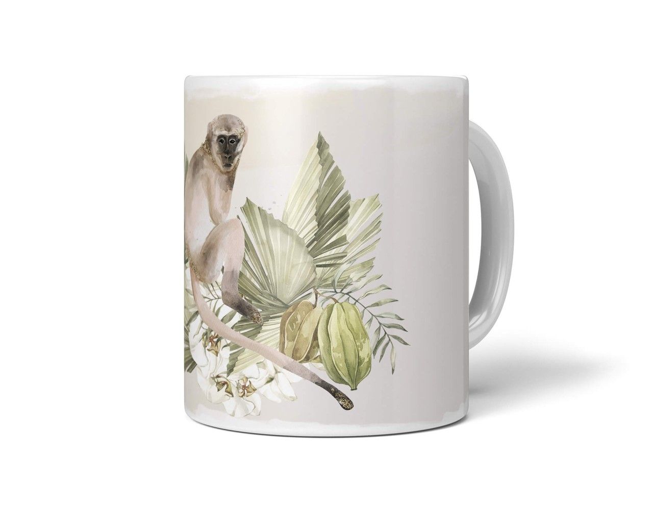 Tasse Porzellan Tier Motiv Affe Blumen Exotisch Tropisch Kunstvoll Pastelltöne