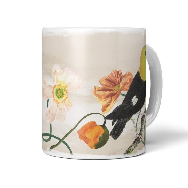 Dekorative Tasse mit schönem Vogel Motiv Singvogel Blumen einzigartiges Design Pastelltöne