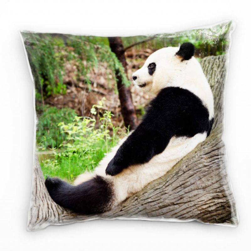 Tiere, schwarz, weiß, grün, Pandabär, Holzstamm Deko Kissen 40x40cm für Couch Sofa Lounge Zierkissen