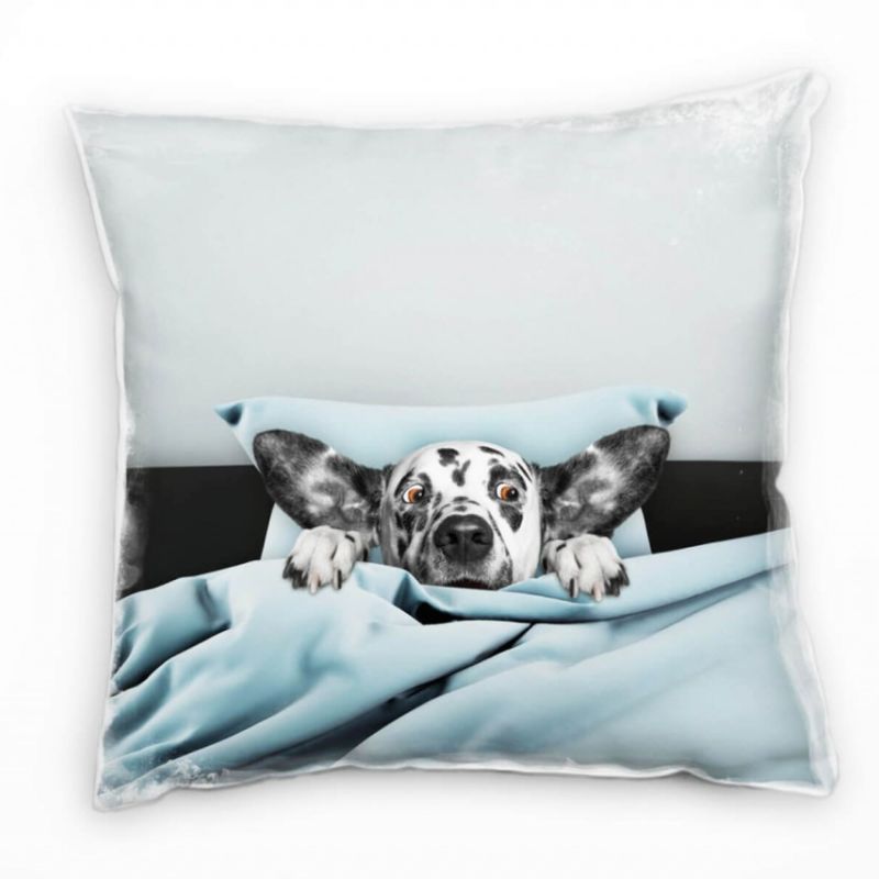 Tiere, Hund im Beet, blau, grau Deko Kissen 40x40cm für Couch Sofa Lounge Zierkissen