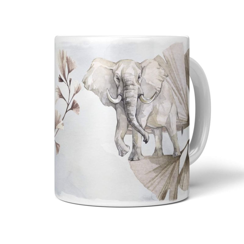 Tasse Porzellan Tier Motiv Elefant Pflanzen Wasserfarben Aquarell