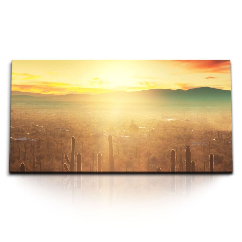 Kunstdruck Bilder 120x60cm Mexiko Kakteen Sonnenschein Berge Abendrot