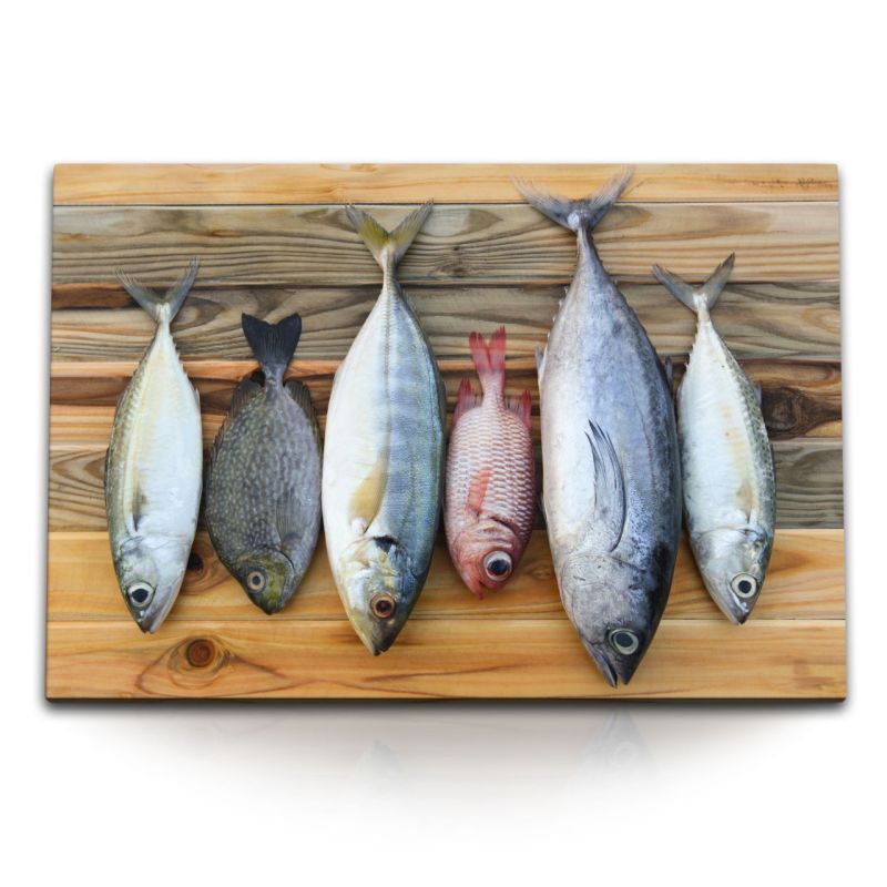 120x80cm Wandbild auf Leinwand Küchenbild Fisch Exotisch Kochen Küche Holz