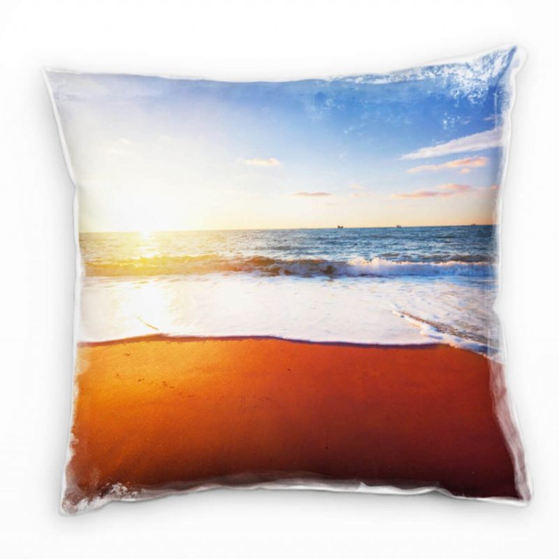 Strand und Meer, blau, orange, Sonnenuntergang Deko Kissen 40x40cm für Couch Sofa Lounge Zierkissen