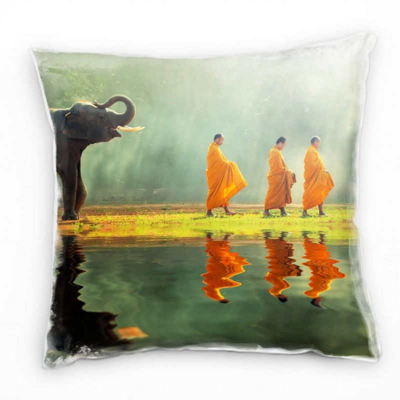 Tiere, Elefantenbaby, Mönch, grau, grün, orange Deko Kissen 40x40cm für Couch Sofa Lounge Zierkissen