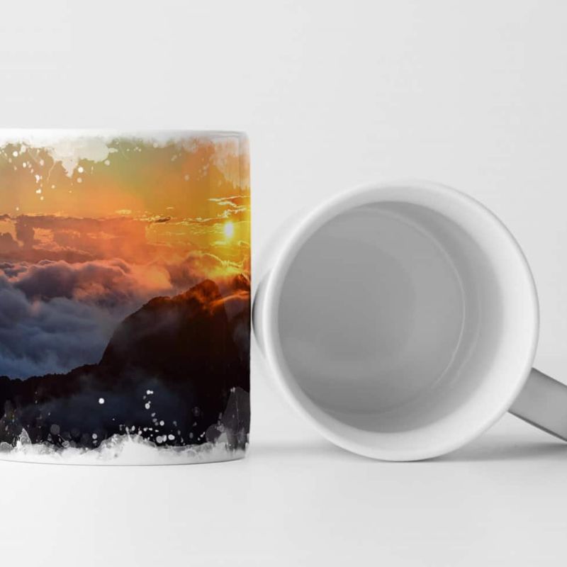 Tasse Geschenk Berge – Nebel und Sonnenuntergang