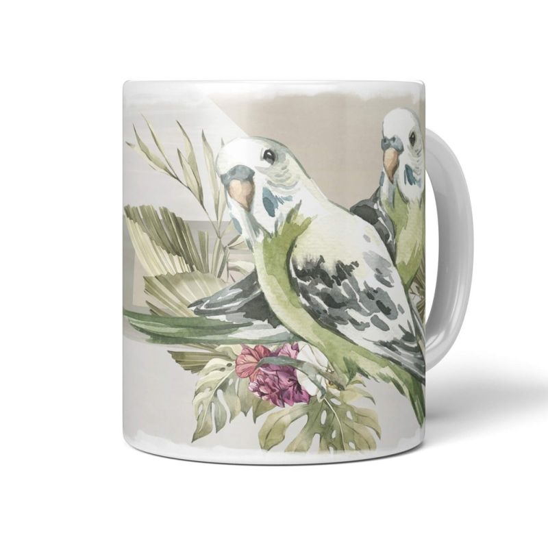 Dekorative Tasse mit schönem Vogel Motiv Wellensittiche Pärchen Blumen Blüten Exotisch Wasserfarben