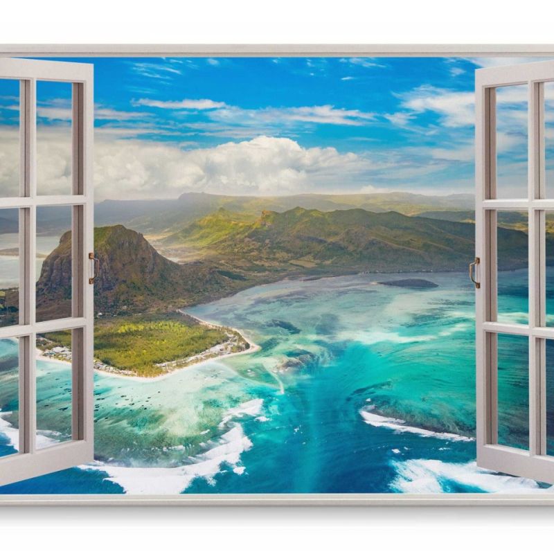 Wandbild 120x80cm Fensterbild Mauritius Meer Küste Blau Berge Natur Insel