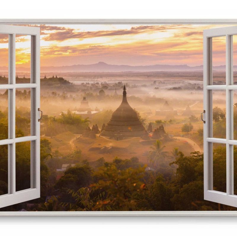 Wandbild 120x80cm Fensterbild Tempel Asien Antik Sonnenuntergang Rot Nebel