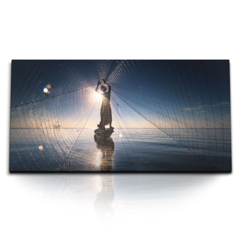 Kunstdruck Bilder 120x60cm Fischer Fischernetz Thailand Meer Horizont Sonnenuntergang