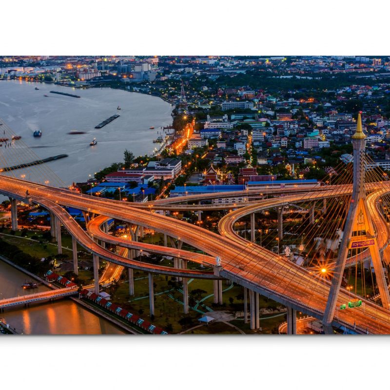 120x80cm Wandbild Bangkok Brücke Verkehr Gebäude Nacht Lichter