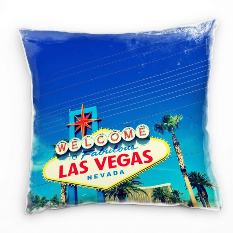 Urban, blau, rot, gelb, grün, Las Vegas Schild Deko Kissen 40x40cm für Couch Sofa Lounge Zierkissen