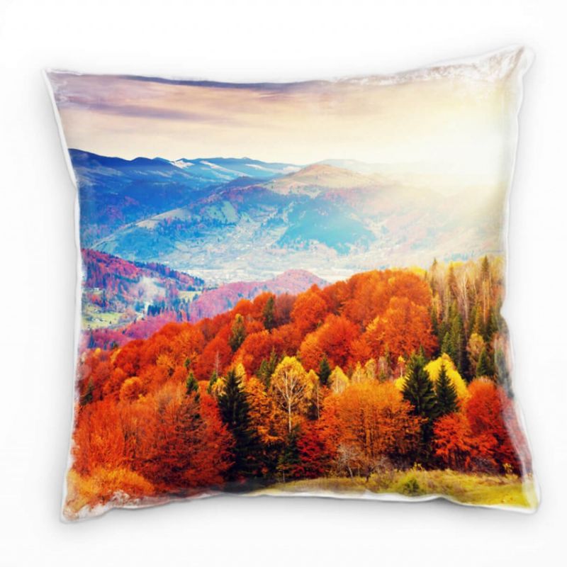 Herbst, rot, gelb, blau, Berge, Sonnenaufgang Deko Kissen 40x40cm für Couch Sofa Lounge Zierkissen