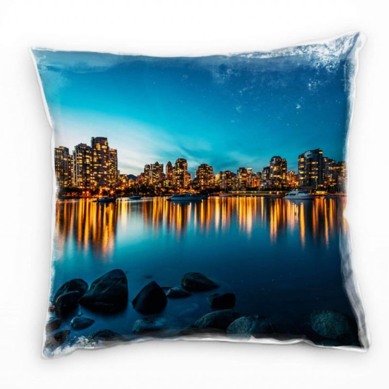 City, Vancouver, Nacht, blau, orange Deko Kissen 40x40cm für Couch Sofa Lounge Zierkissen