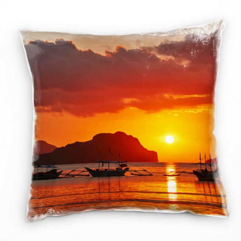 Meer, Sonnenuntergang, Boote, orange, rot Deko Kissen 40x40cm für Couch Sofa Lounge Zierkissen