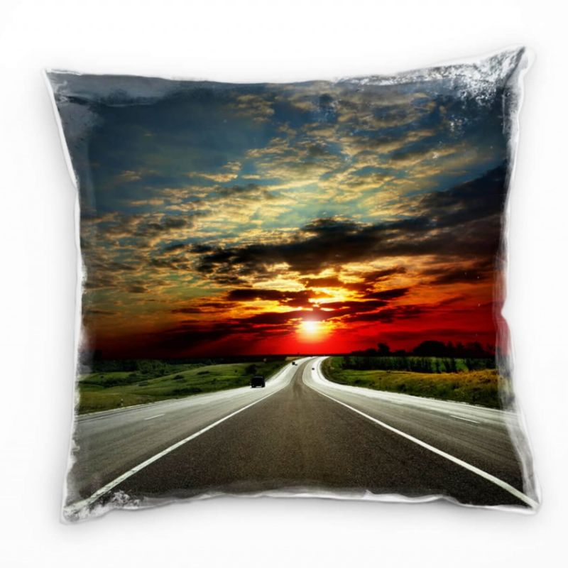 Landschaft, rot, grau, Straße in den Sonnenuntergang Deko Kissen 40x40cm für Couch Sofa Lounge Zierk