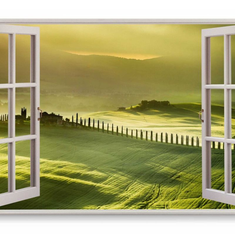 Wandbild 120x80cm Fensterbild Toskana Landschaft Morgentau Grün Hügel