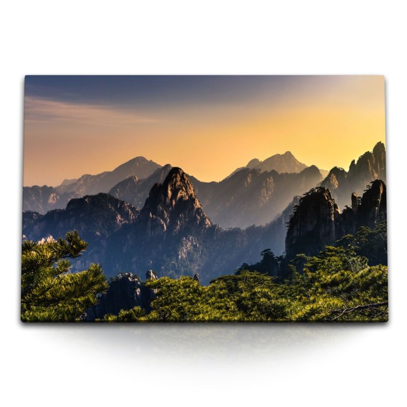 120x80cm Wandbild auf Leinwand Huang Shan Gebirge China Berge Sonnenuntergang