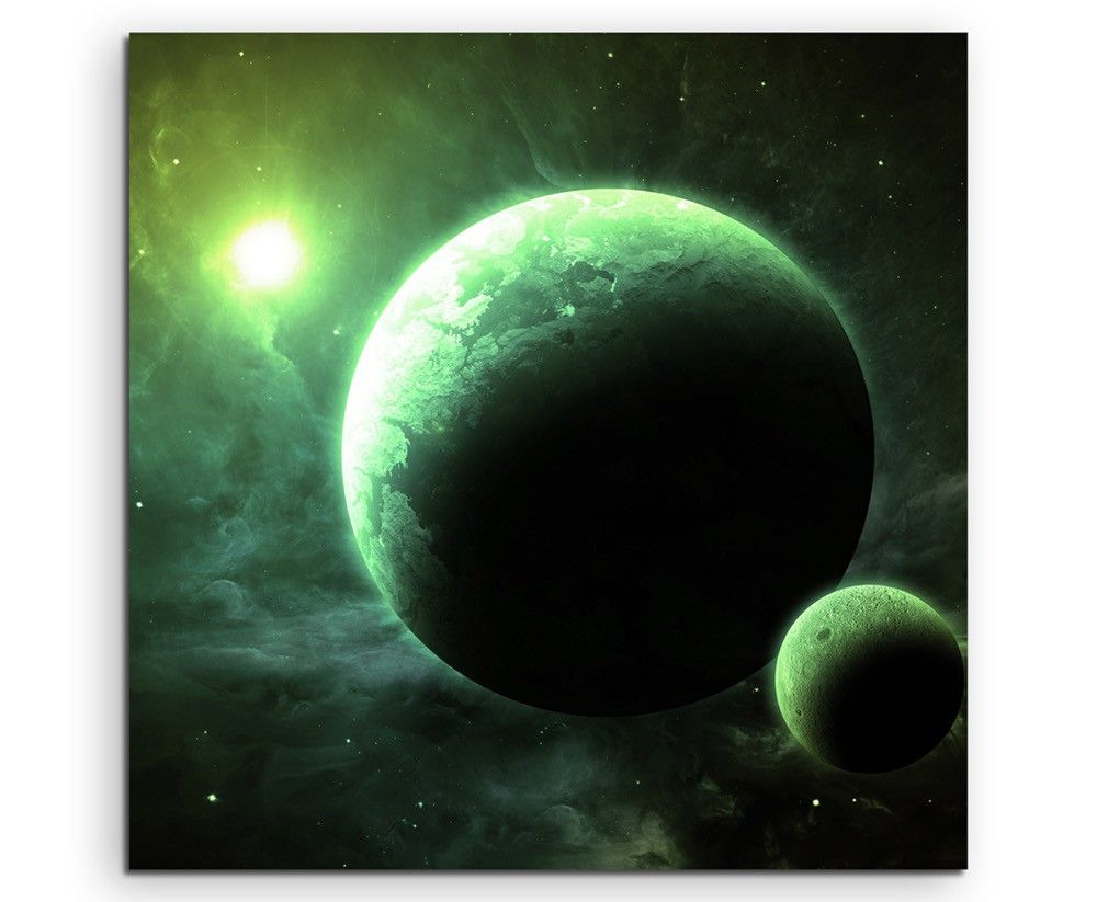 Illustration – Grüne Planeten mit Mond auf Leinwand