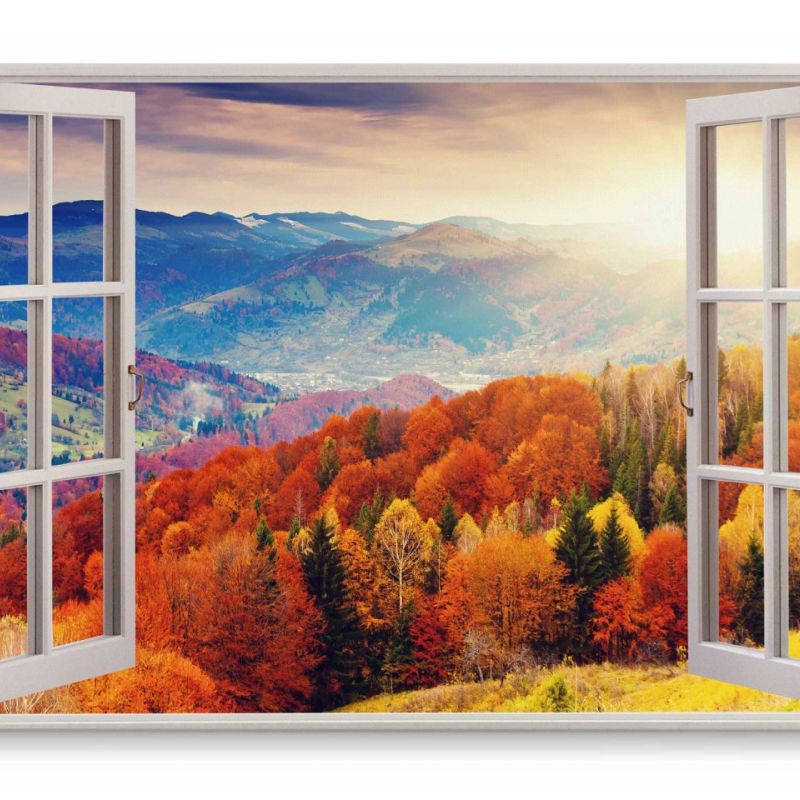 Wandbild 120x80cm Fensterbild Berge Bäume Herbst Sonnenuntergang Natur